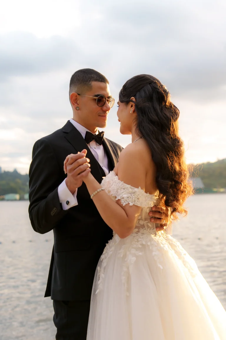 Bride and groom sharing a romantic moment during their wedding