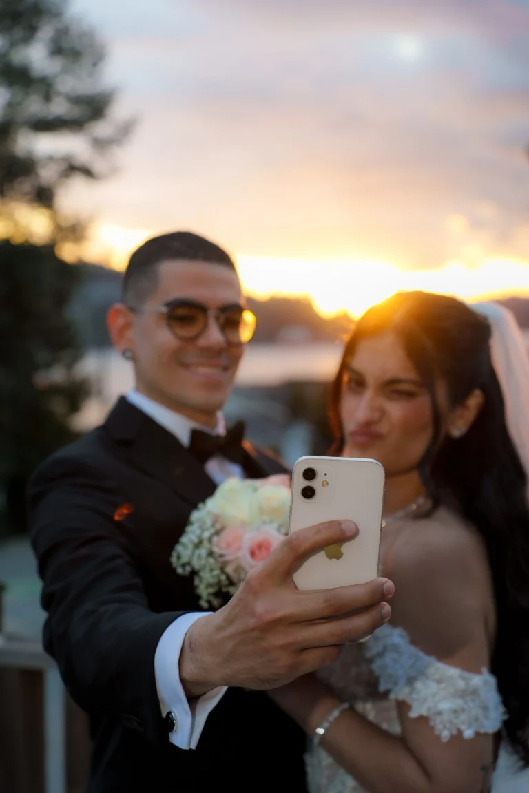 Bride and groom photographed together during a sunset wedding portrait